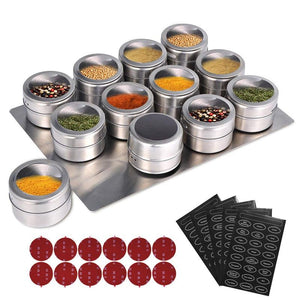 LMETJMA Magnetic Spice Jars With Wall Mounted Rack Stainless Steel Spice Tins Spice Seasoning Containers With Spice Label KC0305