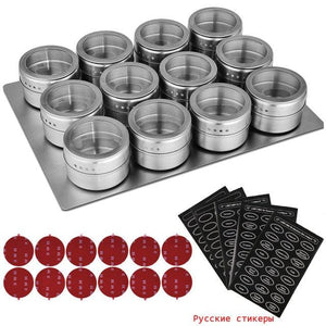 LMETJMA Magnetic Spice Jars With Wall Mounted Rack Stainless Steel Spice Tins Spice Seasoning Containers With Spice Label KC0305